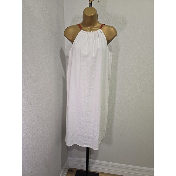 Handmade White Linen Shift Womens Lge Halter Brown Strap Peasant Resortwear - Picture 6 of 7